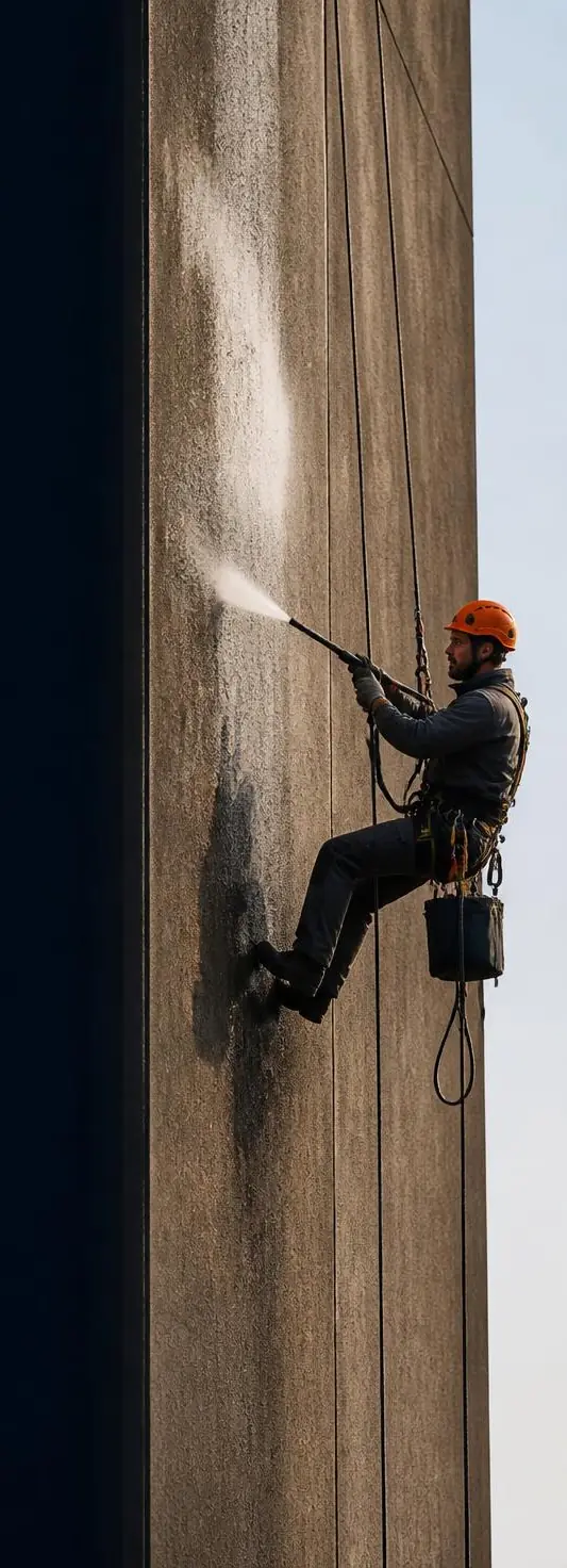 Profissionais da M7 Pinturas lavando a fachada de um edifício com máquina de jato de alta pressão